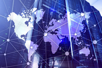 World map with communication network on server room background.