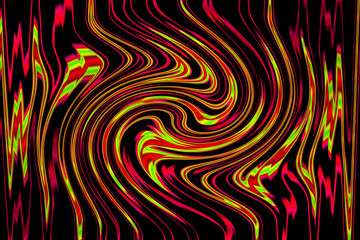 Multicolor glowing twisted lines on black background. Shiny neon fractal. Blurred motion. Abstract psychedelic illustration
