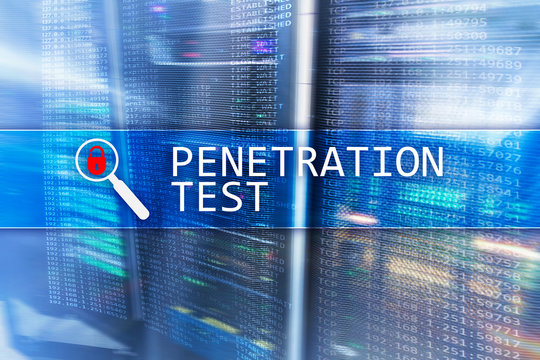 Penetration test. Cybersecurity and data protection. Hacker attack prevention. Futuristic server room on background.