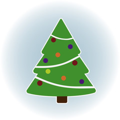 Green Christmas tree with toys, illustration for print cards, template for design, greeting card, invitation