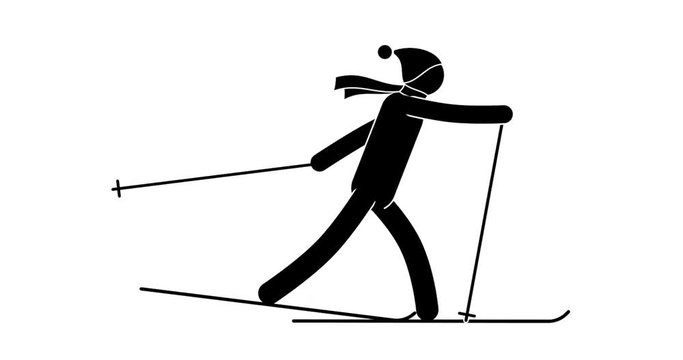 Pictogram skier man in hat with pompon and scarf skiing. Looped animation with alpha channel.