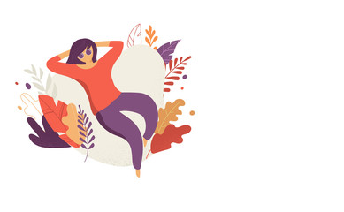 Feminine concept illustration, beautiful woman. Character decorated with flowers and leaves.