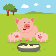 Farm. Mother pig and piglets.