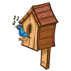 Vector singing bird near birdhouse