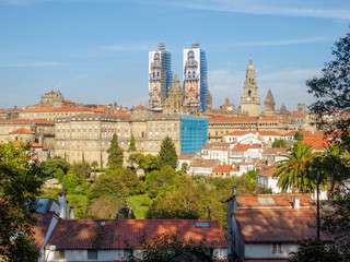 View of the Cathedral of Santiago de Compostela, the Raxoi Palace and the Convent of San Francisco from the Alameda Park in 2014 - Santiago de Compostela, Galicia, Spain