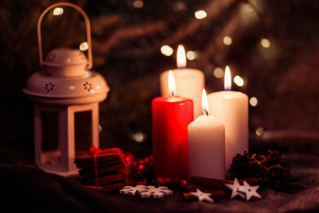 Winter and Christmas candles light.