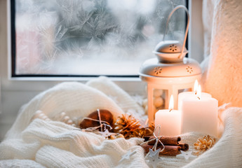 Winter and Christmas candles light.