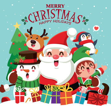 Vintage Christmas poster design with vector penguin, Snowman, Santa Claus, elf, reindeer characters.