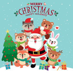 Vintage Christmas poster design with vector penguin, Snowman, Santa Claus, elf, reindeer, raccoon, fox, rabbit, owl, bear characters.
