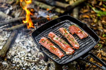 Cooking meat on a campfire