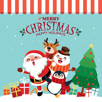 Vintage Christmas poster design with vector penguin, Snowman, Santa Claus, elf, reindeer characters.