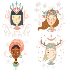 Collection of women portraits, mystical hairstyles and accessori