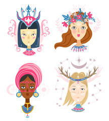 Collection of women portraits, mystical hairstyles and accessori