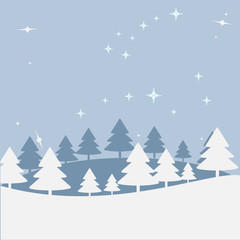 Christmas landscape at night. Postal map with a hill, trees, star sky. Greeting or postal map. Art of vectorial illustration, hills of winter. Constellation of little and large bear. Happy New Year