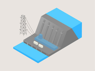 Hydro power Dam Concept, vector illustration isometrics. hydroelectric power station, flat design vector.