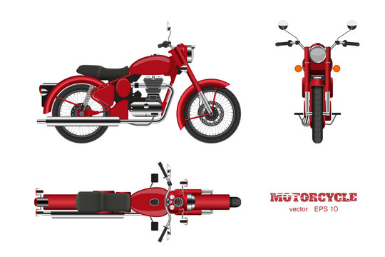 Fototapeta Retro classic motorcycle in realistic style. Side, top and front 3d view. Detailed image of vintage red motorbike on white background
