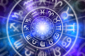 Astrological zodiac signs inside of horoscope circle