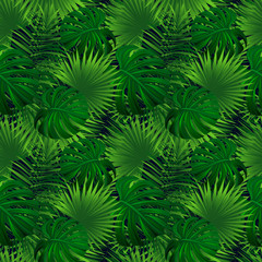 Fototapeta na wymiar Tropical rainforest seamless pattern. exotic plants vector illustration. jungle background. Green herbage texture. beautiful tropic landscape. Summer vacation,travel design. Bright colors.