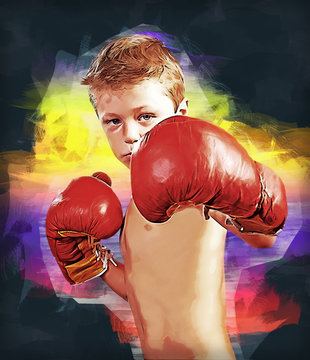 Digital painting of a cute little boy with boxing gloves