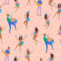 Obraz na płótnie Canvas Seamless pattern with Brazilian samba dancer. Carnival in Rio de Janeiro with girls wearing a festival costume. Editable vector illustration