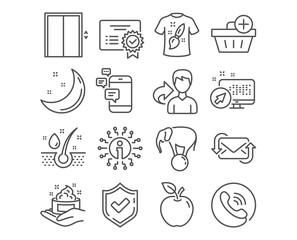 Set of Certificate, Lift and Communication icons. T-shirt design, Add purchase and Serum oil signs. Elephant on ball, Refresh mail and Skin care symbols. Vector