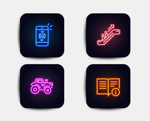Neon set of Mail, Escalator and Tractor icons. Technical info sign. Smartphone communication, Elevator, Farm transport. Documentation. Neon icons. Glowing light banners. Vector