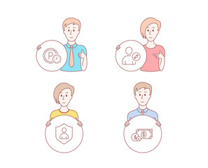 People hand drawn style. Set of Edit user, Parking time and Security icons. Dollar money sign. Profile data, Park clock, Private protection. Cash with coins.  Character hold circle button. Vector