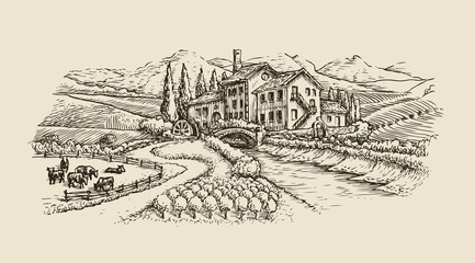 Farm landscape, village sketch. Agriculture, hand drawn vintage vector illustration