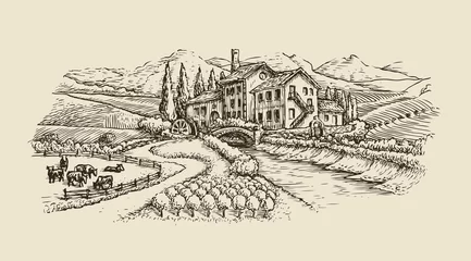 Bauernlandschaft, Dorfskizze. Landwirtschaft, handgezeichnete Vintage-Vektorillustration © ~ Bitter ~