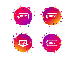 Buy now arrow icon. Online shopping signs. Dollar, euro and pound money currency symbols. Gradient circle buttons with icons. Random dots design. Vector