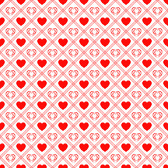 Red love hearts repeated texture. Saint Valentines Day vector background. Romantic seamless pattern for greeting cards, invitation and holiday design, clothes prints, wrapping paper.