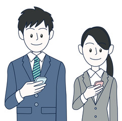 Fototapeta premium スマホを見る若い男性と女性ビジネスマン上半身
