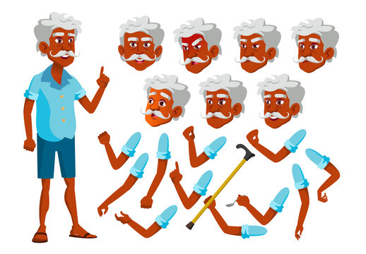 Indian Old Man Vector. Senior Person. Aged, Elderly People. Leisure, Smile. Face Emotions, Various Gestures. Animation Creation Set. Isolated Flat Cartoon Character Illustration