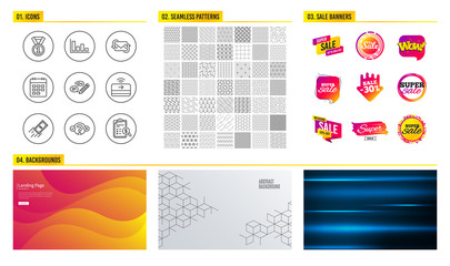 Seamless pattern. Shopping mall banners. Set of Refresh mail, Keywords and Fast payment icons. Histogram, Quiz test and Best rank signs. Contactless payment, Calendar and Accounting report symbols