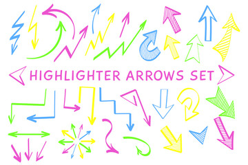 Sketch arrow highlight marker set vector illustration. Group of neon colors arrows and pointers, felt marker style symbols for hand drawn diagrams, mind maps and planning highlight drawings
