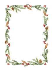 Watercolor vector Christmas frame with snowflakes, berries and fir branches.