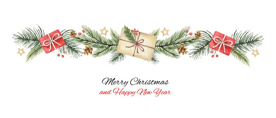 Watercolor vector Christmas wreath with green fir branches and gift.