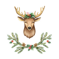 Watercolor vector greeting card with Christmas deer and spruce branches.