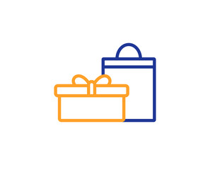 Gift box with bag line icon. Present or Sale sign. Birthday Shopping symbol. Package in Gift Wrap. Colorful outline concept. Blue and orange thin line color icon. Gifts Vector