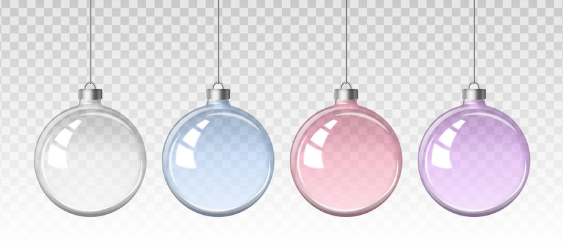 Vector realistic image of transparent New Year (Christmas) balls (decoration) of different colors. EPS 10.