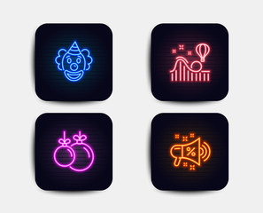 Neon glow lights. Set of Clown, Christmas ball and Roller coaster icons. Sale megaphone sign. Funny performance, Decoration, Attraction park. Shopping.  Neon icons. Glowing light banners. Vector