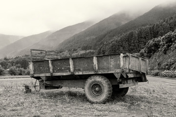 Black and white view of an old used trailer on the island of Sao Miguel in the Azores.