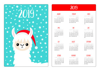 Alpaca llama face. Red Santa hat. Pocket calendar layout 2019 new year. Vertical orientation. Week starts Sunday. Cute cartoon funny kawaii baby character. Flat design. Blue snow background.