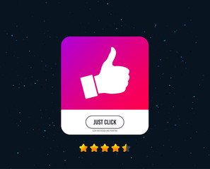 Like sign icon. Thumb up sign. Hand finger up symbol. Web or internet icon design. Rating stars. Just click button. Vector