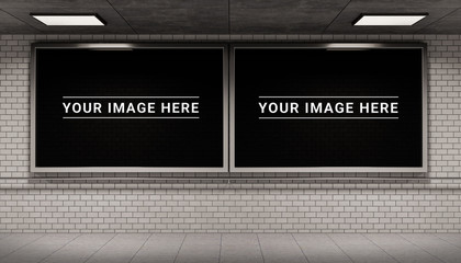 Two billboards frames in underground tube station mockup 3D rendering