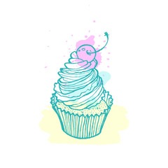 A sketch of the cupcake with the icing on the background stains of paint.