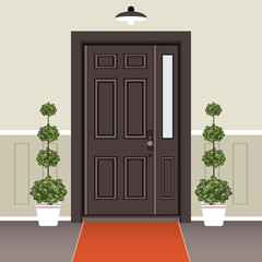 House door front with doorstep and mat, window, lamp, flowers, building entry facade, exterior entrance design illustration vector in flat style