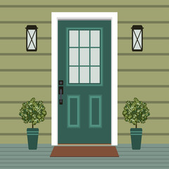 Obraz premium House door front with doorstep and mat, window, lamp, flowers, building entry facade, exterior entrance design illustration vector in flat style