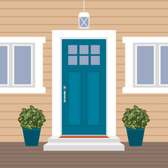 House door front with doorstep and mat, steps, window, lamp, flowers, building entry facade, exterior entrance design illustration vector in flat style
