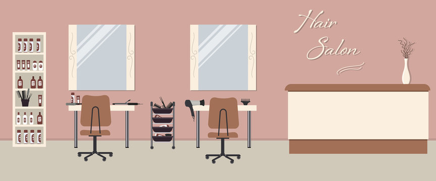 Hair salon interior in a pink color. Beauty salon. There are tables, chairs, mirrors and shelves with hairdressing accessories in the image. There is also text "Hair Salon" on the wall. Vector